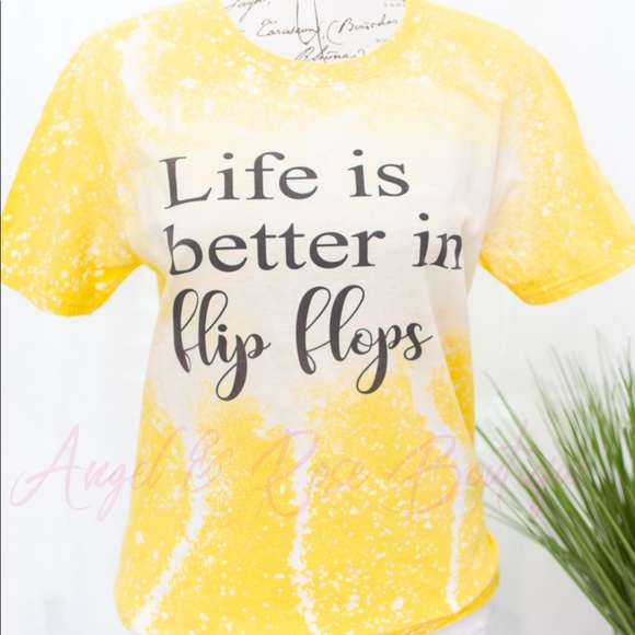 Life Is Better In Flip Flops Yellow Bleached Tee - Picture 1 of 1